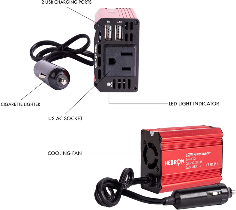 Hebron 150w Car Power Inverter – Portable 12V DC to 110V AC Charger – Cigarette Lighter Adapter – 2 USB Ports and 1 US AC Outlet