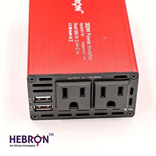 Hebron 300w Car Power Inverter – Portable 12V DC to 110V AC Charger – Cigarette Lighter Adapter – 2 USB Ports and 1 US AC Outlet