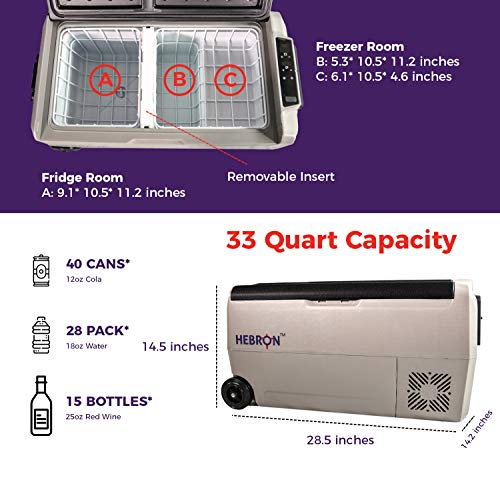 Hebron 33 Quart Dual Zone Portable Refrigerator/Freezer  - 12/24 Volt DC/ 110V AC for RV, Camper, Travel