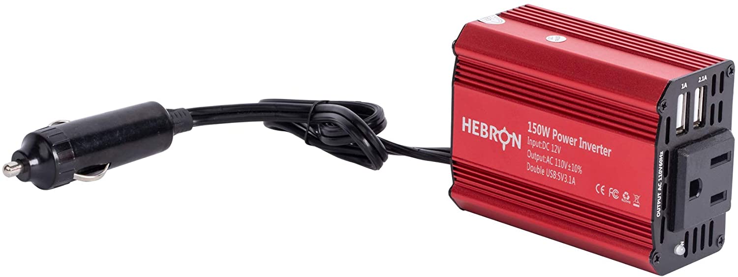 Hebron 150w Car Power Inverter – Portable 12V DC to 110V AC Charger – Cigarette Lighter Adapter – 2 USB Ports and 1 US AC Outlet